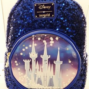 Loungefly Disney Cinderella Castle Snow Globe Royal Blue Sequin Backpack New!
